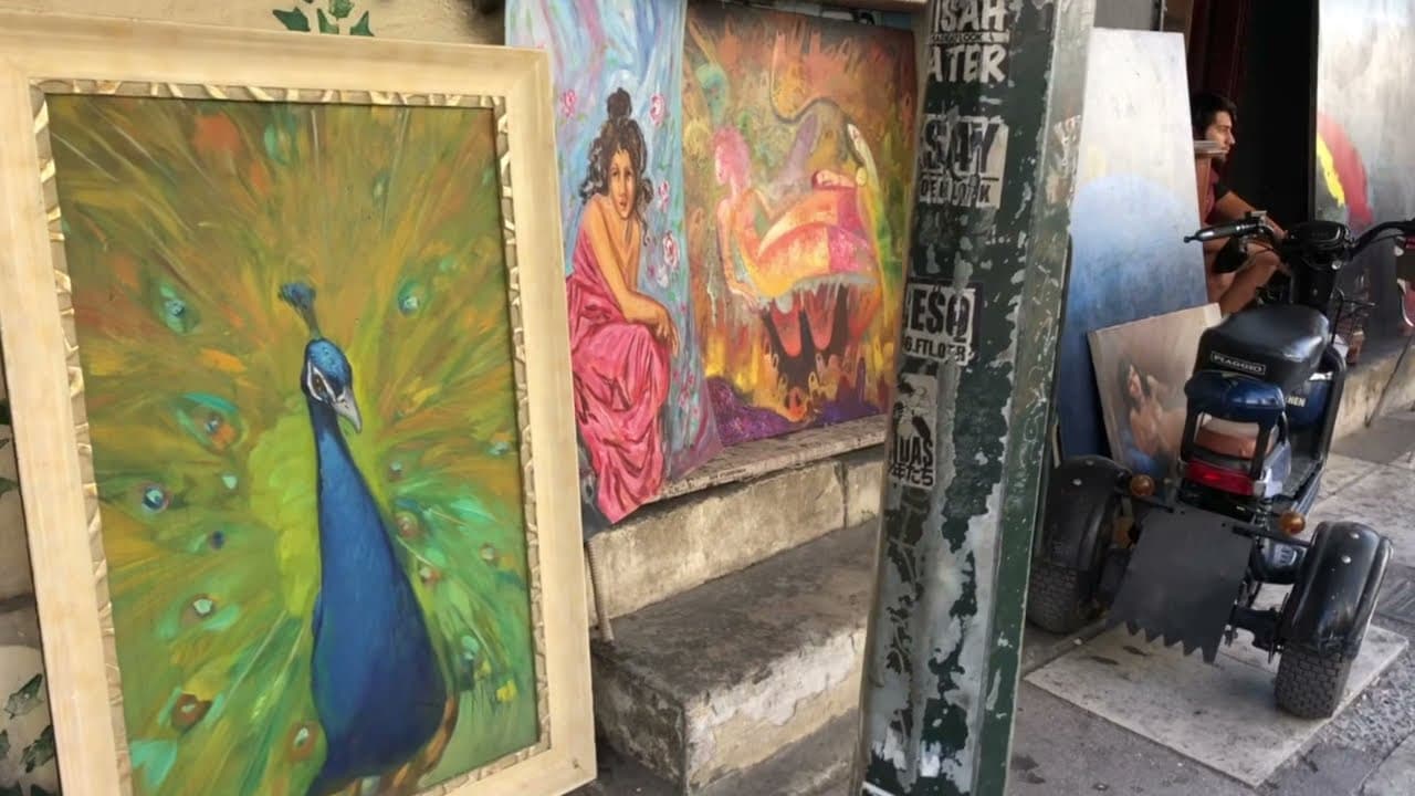 Paintings for sale on a street in central Athens