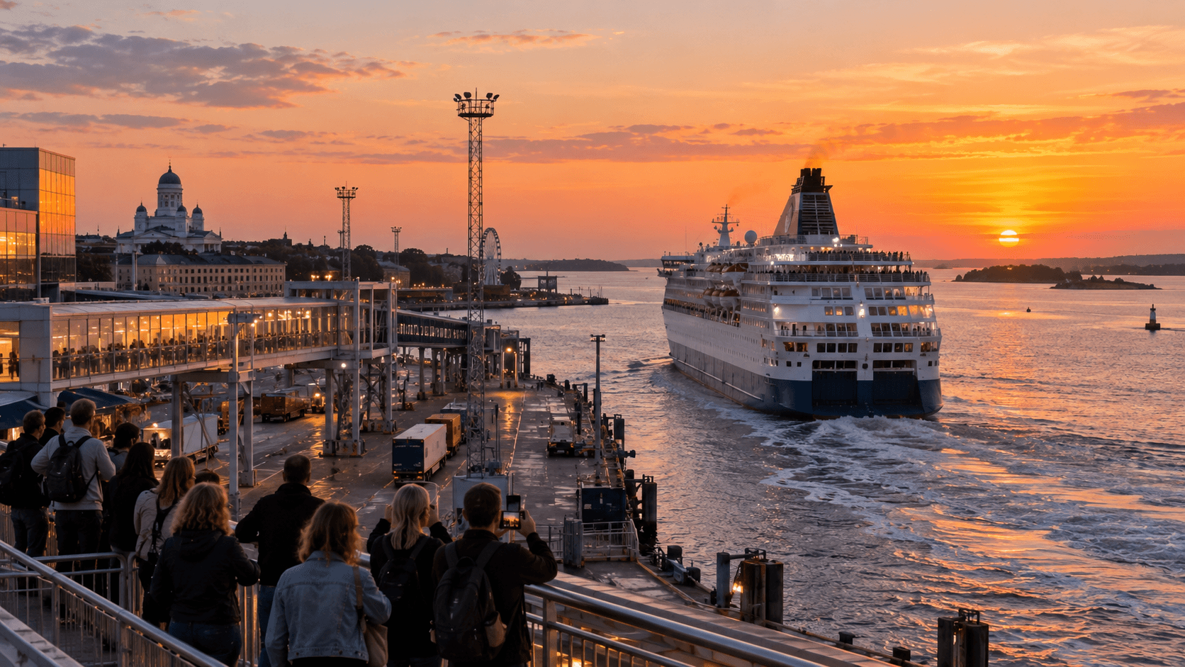 A large ferry departing Helsinki's harbour at sunset with the cathedral in view