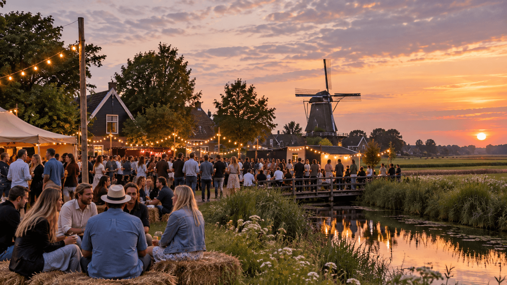 An outdoor festival at sunset near a Dutch windmill and canal