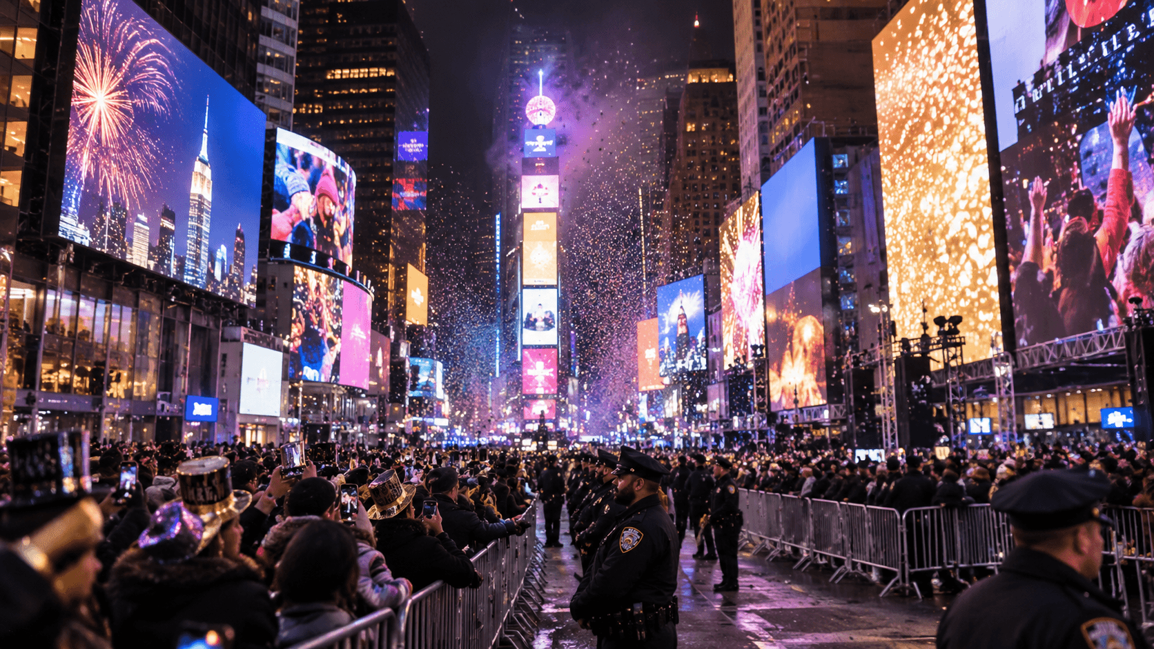 Crowds and NYPD officers at the Times Square Ball Drop on New Year's Eve